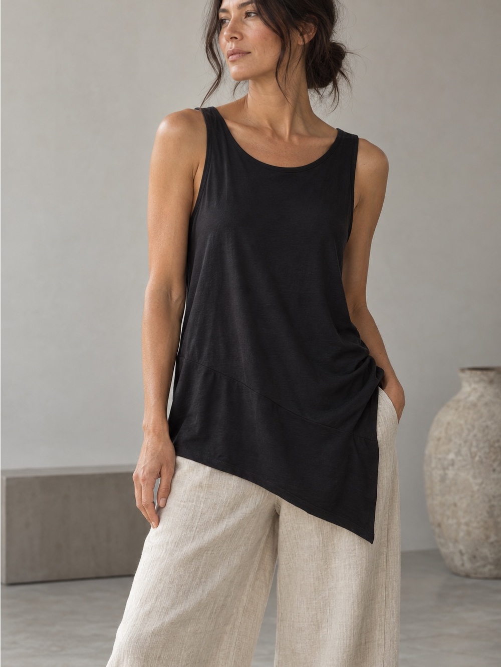 Eileen Fisher Black Asymmetrical Hem Viscose Tank Top Medium NWOT